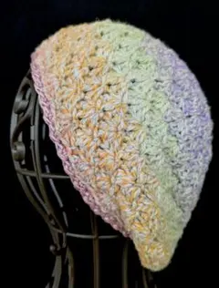 春色　ニットキャップ　ニットベレー帽　ゆったりサイズ　パステルカラー　手編み