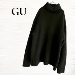 Km17【GU】タートルネックニット/セーター/ウール混/ブラック/リブ編み/L