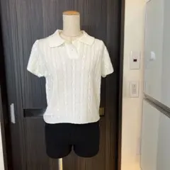 サマーニット　ポロニット　襟付き　リブ編み　レディース　半袖　韓国