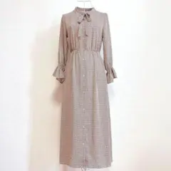 GU ジーユー 美品 レトロプリントボウタイワンピース ベルスリーブ S リボン