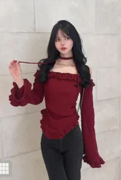 GRL チョーカー付きフリルオフショルダーリブトップス【dk1558】　ボルドー