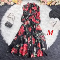 エムズグレイシー❤️ウエストリボン薔薇ワンピース　38ローズワンピース　花柄 美品✨エムズグレイシー ワンピース 花柄 バラ ひざ丈 ウエストリボン