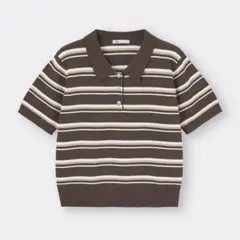 良品★ジーユー〔S〕マルチボーダーポロセーター(半袖)Q ポロシャツ ブラウン