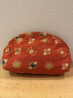 和風花柄オレンジ布製ポーチ
