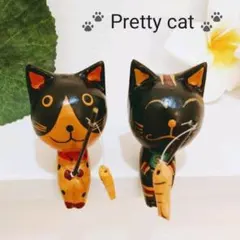 釣り ハチワレドット猫＆スマイルしま猫セット 木彫り猫 猫の置物 バリ雑貨