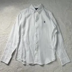 ラルフローレン　ボタンダウン　リネンシャツ　ポニー刺繍　白×ネイビー　M