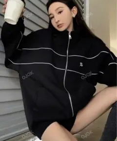 SHEIN ライン入り ジップアップ パーカー ブラック