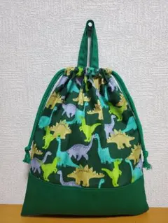 持ち手付き巾着袋 上靴袋 お道具袋 ダイナソー柄 グリーン 恐竜