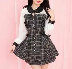 ☾Secret Honey☽ ビスチェ切替長袖セットアップ チェッククロ