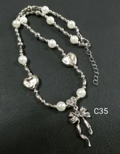 フェアリーグランジネックレスC35　パールネックレス　リボン　ハート　Y2K