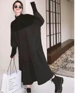 残1枚　春コーデ　ロングワンピース ハイネック　韓国　フリル