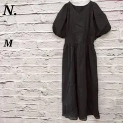 エヌドット✩M Vネックパフスリーブロングワンピース 綿 ウエストゴム＆紐 黒
