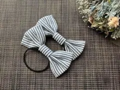 リボン ヘアゴム お揃いおしゃれ　ヘアアクセ　ボーダー柄　グレーブルー　発表会