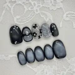 908.現品ネイルチップ　Black×silver ニュアンスバラバラ個性的