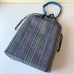 着物生地 巾着 バッグ 鼠色×藍色 縞柄