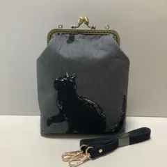 がま口ミニショルダー　黒猫　ダークグレー