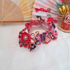 短毛シュシュ、和風妻み細工(赤①)わんちゃん猫ちゃん用