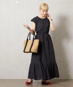 O984フリークロングワンピースノースリーブ無地ブラック黒コットンリネン綿麻春夏