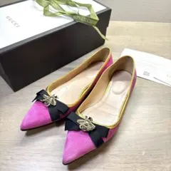 GUCCI ビー リボン スエード フラットパンプス 36 蜂モチーフのサムネイル