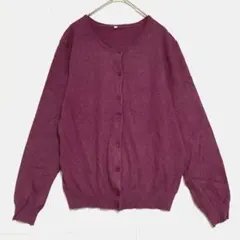 クルーネック ニットカーディガン　赤紫　LL