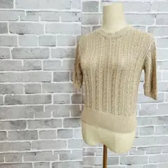 透け感 サマーニット 半袖 ベージュ 五分袖 春夏 クルーネック 上品 B040