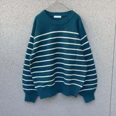 3392【ドレスキップ】ボーダー クルーネック ニット セーター グリーン L