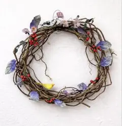 ナチュラル 小鳥付きフラワーリース 壁掛け 約47cm 中古