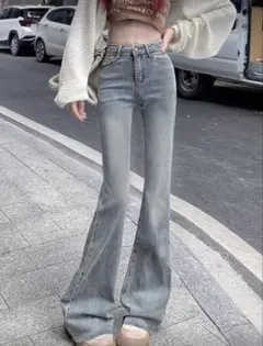 レトロ ハイウエスト ストレッチ ジーンズ　SHEIN フレアデニムパンツ