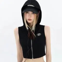 ノースリーブ　ショート丈　ジップアップパーカー　M クロップド丈　KsG