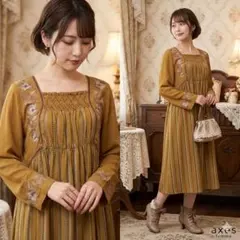 axes femme【M】ロングワンピース 茶 花刺繍 レトロ 可愛い 現行品