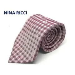 NINA RICCI ネクタイ　ピンク　格子柄　鳥柄　シルク100% イタリア製のサムネイル