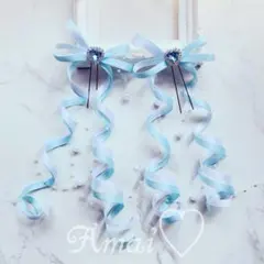 ハートビジュー/ヘアメリボン/水色×白/パールガーランド/量産型/推しカラー