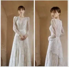 Vネック 長袖 総レース ウエディングドレス 二次会 前撮り