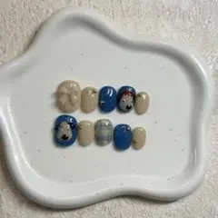 【現品/即発送】個性派ネイル ニュアンス 手書きネイル 犬 ベージュ 紺色 韓国