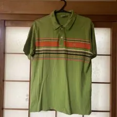 【AIGLE】メンズ 半袖ポロシャツ グリーン ボーダーLサイズのサムネイル