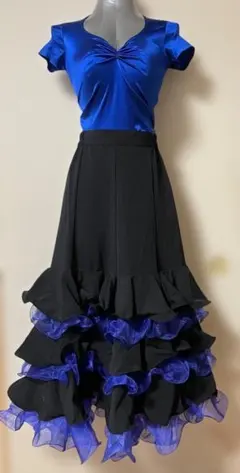 社交ダンス、フラメンコ 用ドレスセット 青と黒 フリル付き