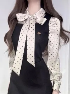 リボン付きドット柄シャツ×スクエアネックノースリーブミニワンピースセットアップ