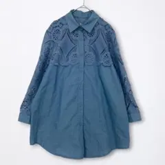 良品 コルザ レース 切り替え シャツ ブラウス ブルー 長袖 チュニックのサムネイル