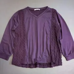 【アプワイザーリッシュ】長袖ニット (F) 紫色 Vネック 無地 チュニック