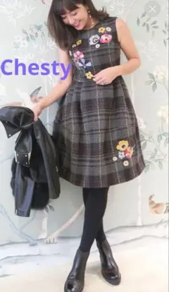Chestyチェスティ ツィードチェックフラワー刺繍ワンピース1