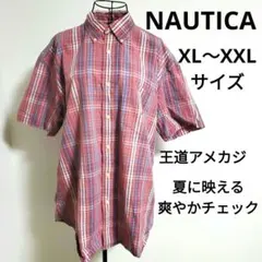 NAUTICA 半袖チェックシャツ ボタンダウン レッド系 XL～XXL 古着