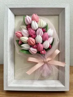 つまみ細工フレーム飾り　春色　チューリップブーケ　ハンドメイド　インテリア