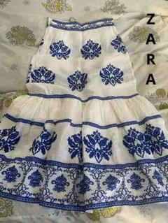 ZARA フレアスカート ホワイト/ブルー XS