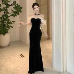 マーメイドロングドレス　オフショルダー　シフォンフリル　ブラック　サイズL