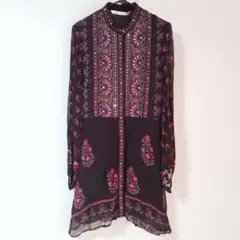 【未使用・タグ付き】ZARAインド刺繍の膝丈シフォンワンピース/サイズS相当