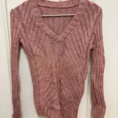 ピンク Vネック ケーブル編み ニット 古着 ファッション 冬服【M】