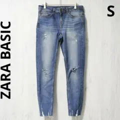 ザラ デニム ダメージ加工 スキニー ストレッチ ブルー カットオフ スリム