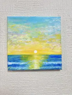 原画：10×10cm】 夕日のきらめき オイルパステル画 キャンバス画