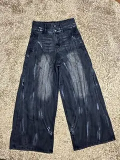 ダメージ加工 ワイドレッグデニム ダークグレー