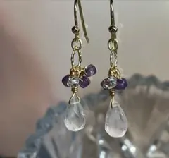 14kgf 天然石 ピアス ローズクォーツ アメジスト ハーキマーダイヤモンド